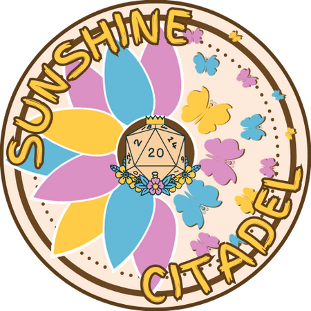 The Sunshine Citadel logo. A small drawing of a house with two hearts coming out of the chimney, in cream with brown outline, on top of yellow sunflower petals turning into butterflies from the middle to the right, on top of pink and blue flower petals wit